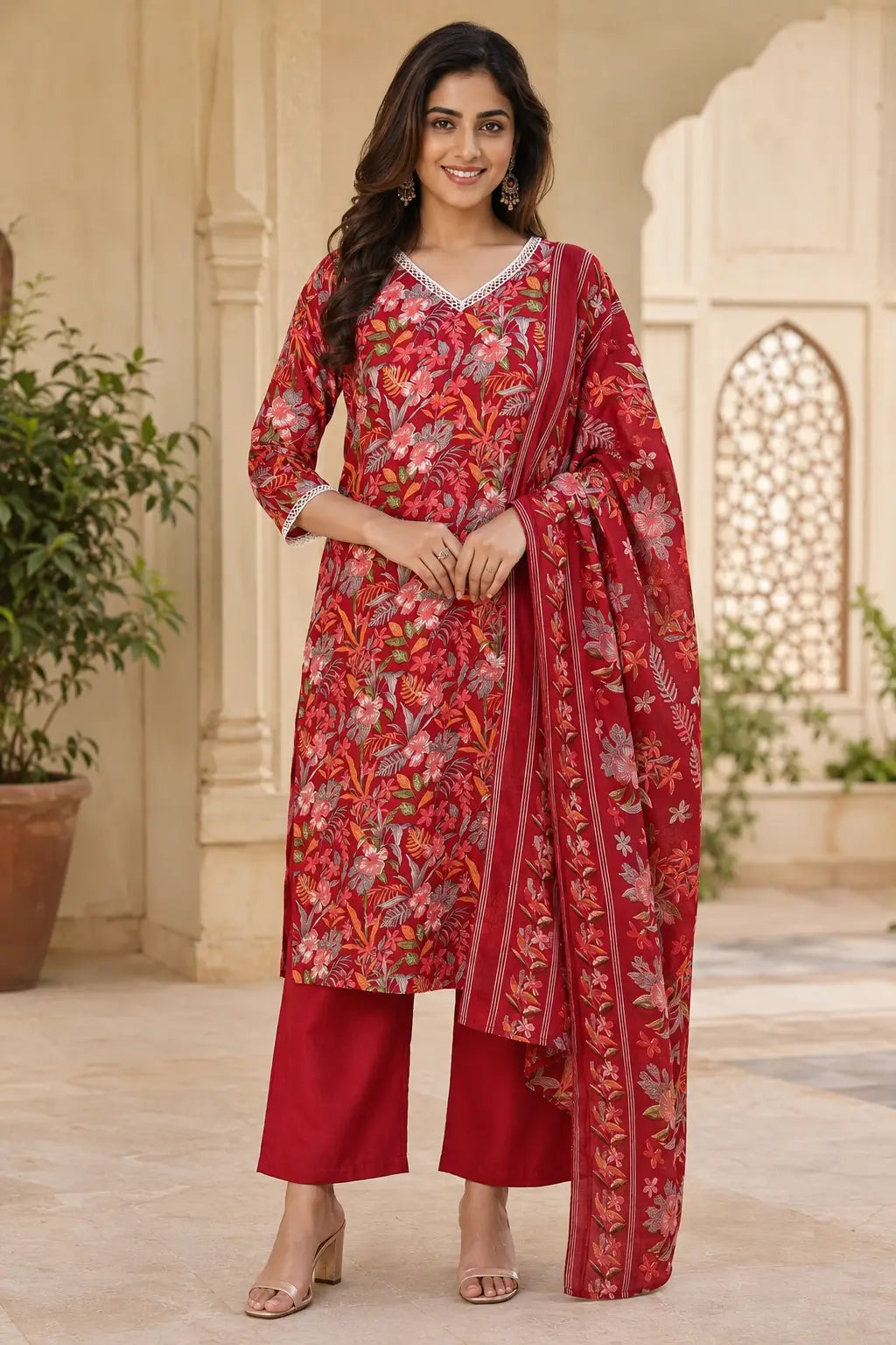 Rabric red floral printed cotton kurta pant set with dupatta for women featuring V neck lace detailing and 3/4 sleeves front view